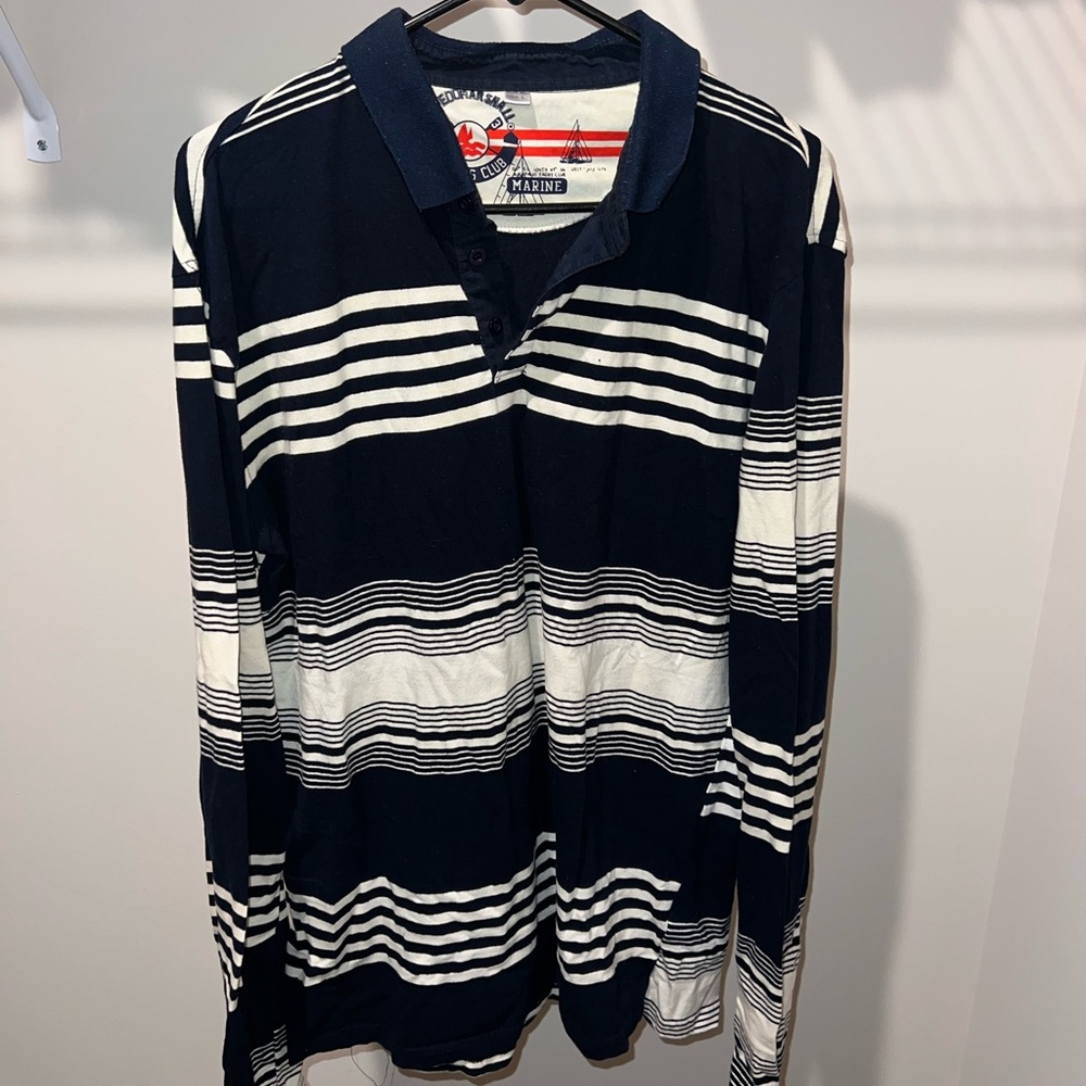 Large Men’s Long Sleeve Striped Shirt with Buttons Navy Blue and White